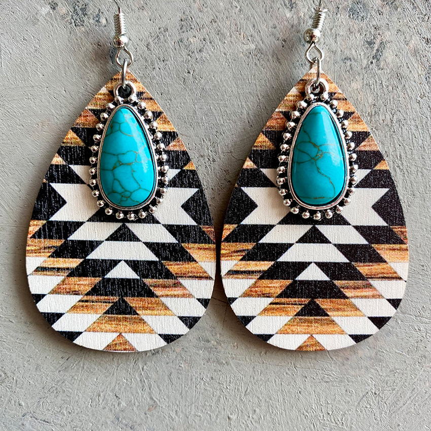 Aztec Pattern Wood Turquoise Teardrop Earrings for Women 2022 New Western Inspired Earrings Boho Jewelry Wholesale