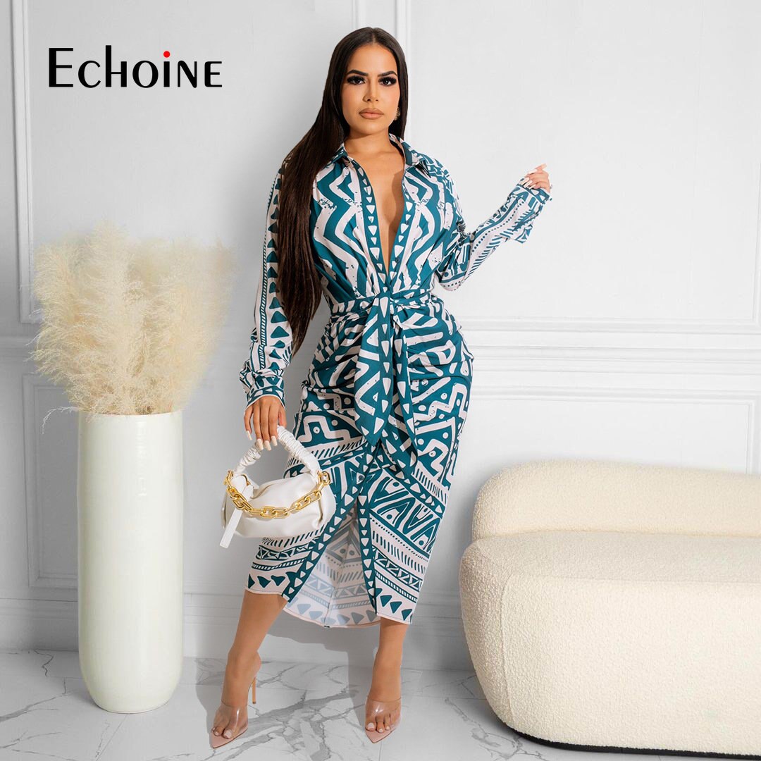 Echoine Women Vintage Geometric Striped Bowknot Dress High Waist Laple Collar Bodycon Midi Shirt Style Smock Dresses Vestido