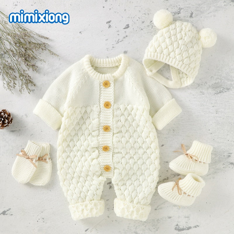 Baby Rompers Caps Clothes Sets Newborn Girl Boy Knitted Jumpsuits Outfits Autumn Winter Long Sleeve Toddler Infant Overalls 2pcs