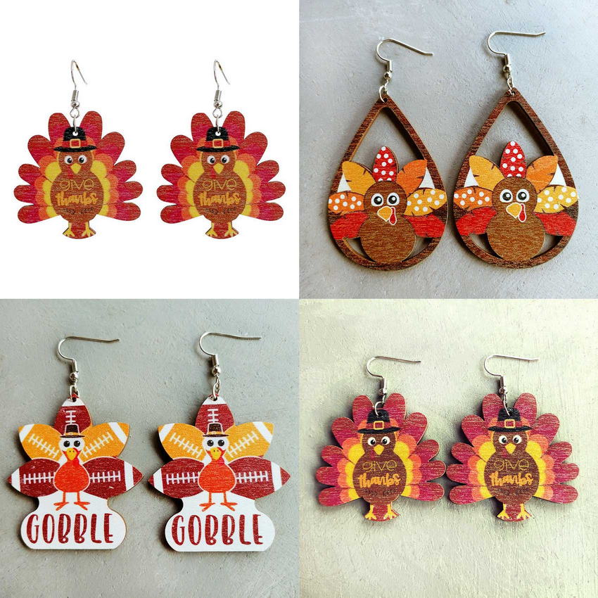 Laser Cut Wooden Turkey Earrings for Women 2022 New Fall Glowforge Thanksgiving Earrings Holiday Jewelry Whoelsale
