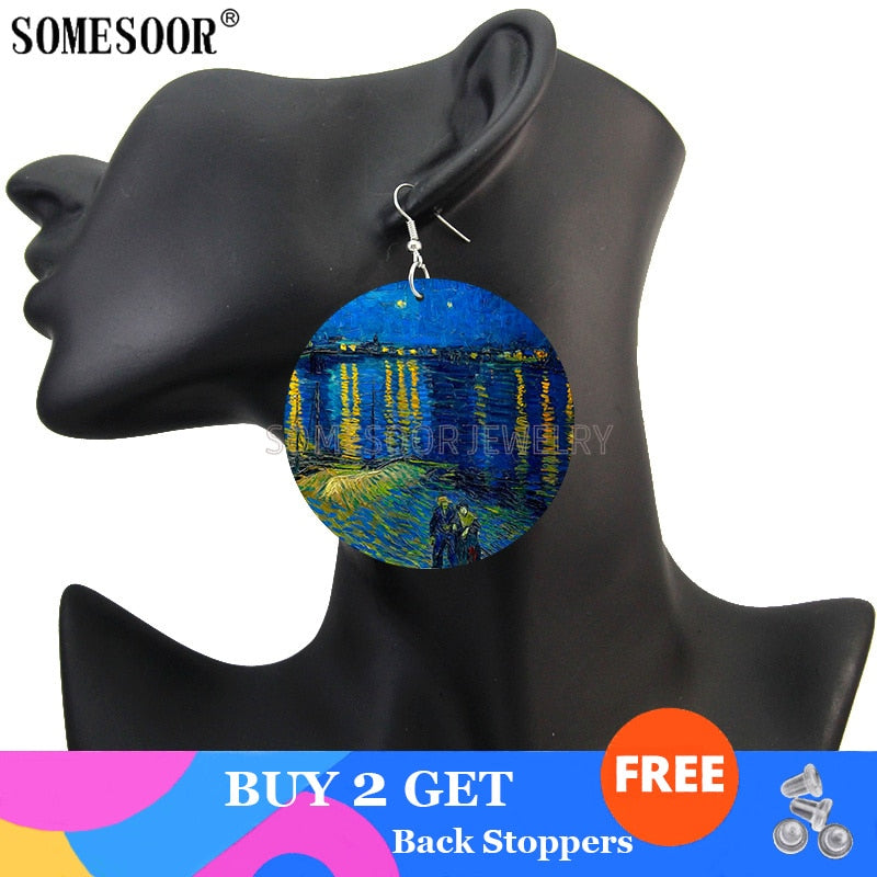 SOMESOOR Genius Painter Van Gogh Arts Portrait Wooden Drop Earrings Starry Night Sunflower Painting Women Dangle Jewelry Gift