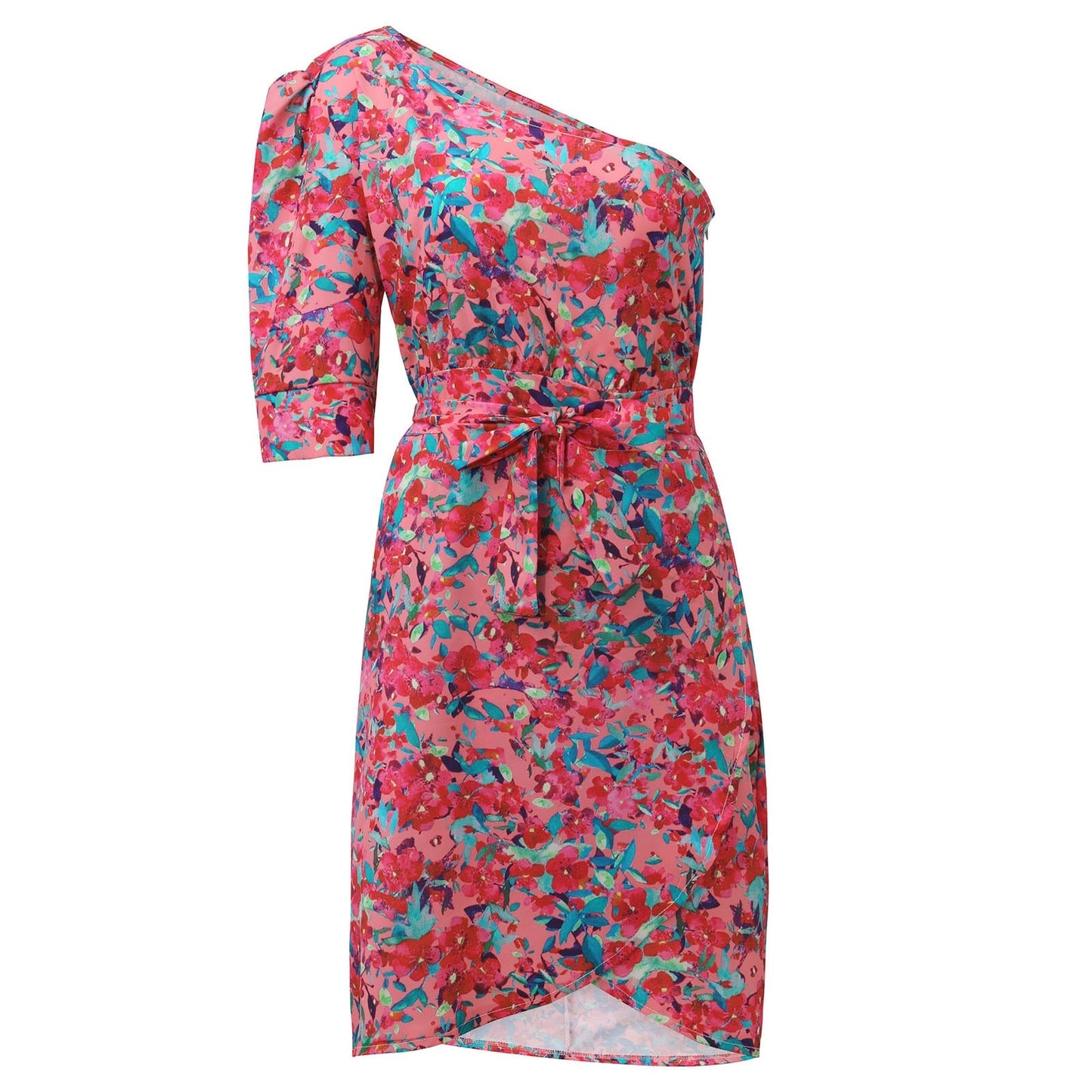 Sloping Shoulder Mini Dress Women Irregular Long Sleeve