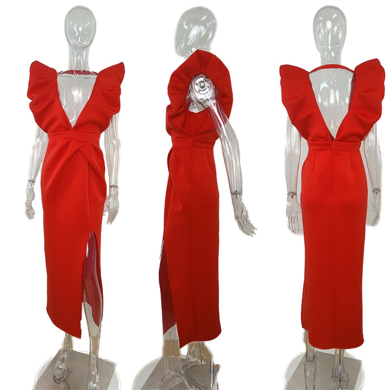 Elegant Ruffles Shoulder Deep V Neck Backless Evening Prom Long Dress