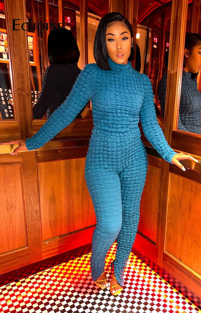 Turtleneck Solid Long Sleeve Crop Top split Pant