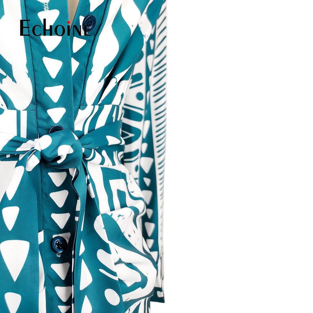 Echoine Women Vintage Geometric Striped Bowknot Dress High Waist Laple Collar Bodycon Midi Shirt Style Smock Dresses Vestido