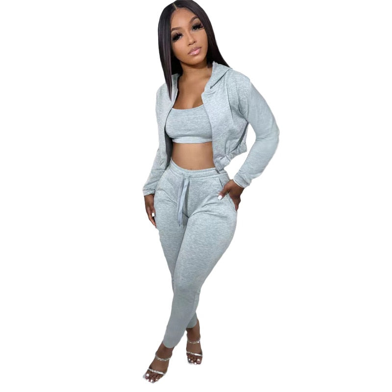 3 Pieces Set Women Casual Hoodies Sweatshirt Sexy Crop Tops and High Waist Pants Long Sleeve