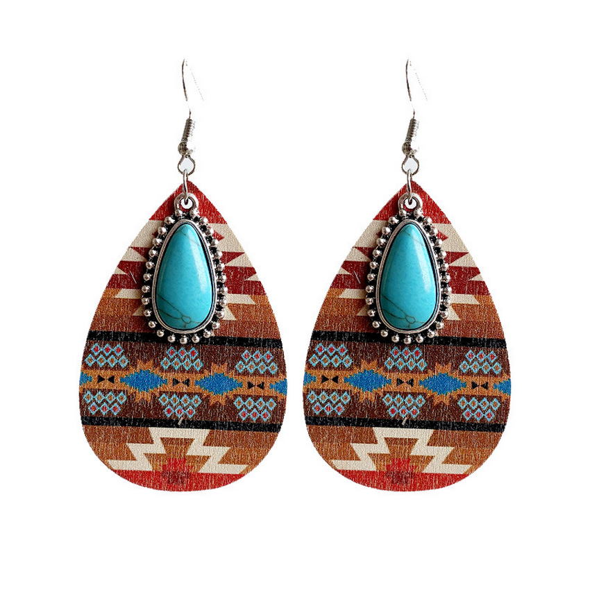 Aztec Pattern Wood Turquoise Teardrop Earrings for Women 2022 New Western Inspired Earrings Boho Jewelry Wholesale