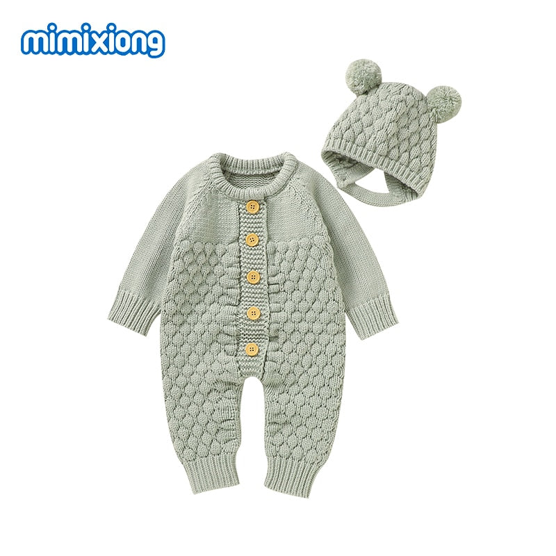 Baby Rompers Caps Clothes Sets Newborn Girl Boy Knitted Jumpsuits Outfits Autumn Winter Long Sleeve Toddler Infant Overalls 2pcs