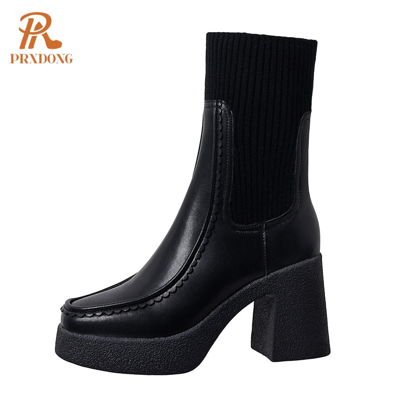 Genuine Leather Women's Shoes Chunky High Heels Platform