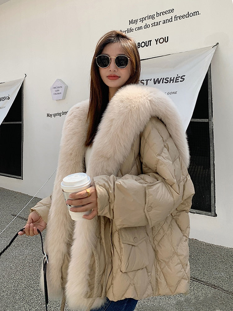 Janveny Big Luxury Real Fox Fur Collar 2022 Women Winter Down Jacket 90% Duck Down Coat Puffer Feather Female Parka Snow Outwear