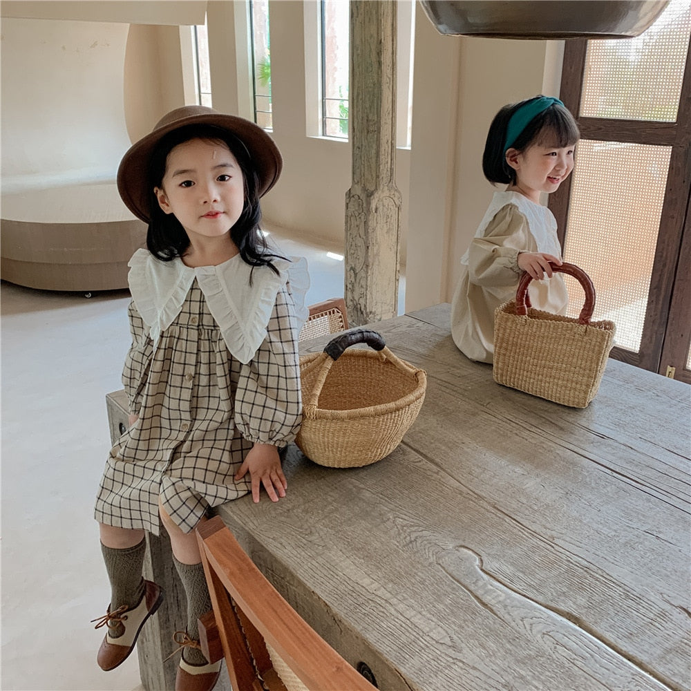 Baby Girls Dress Casual Plaid Clothes Summer  New Korean Cotton Linen Girls Princess Dress Big Turn Down Collar Dress