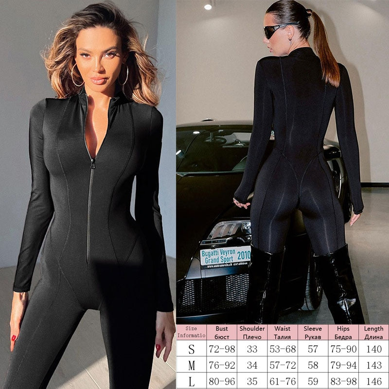 Knitted Zip Up Long Sleeve Women Jumpsuits Elegant Pure Color Bodycon Rompers Bright Line Patchwork Workout Loungewear Jumpsuit