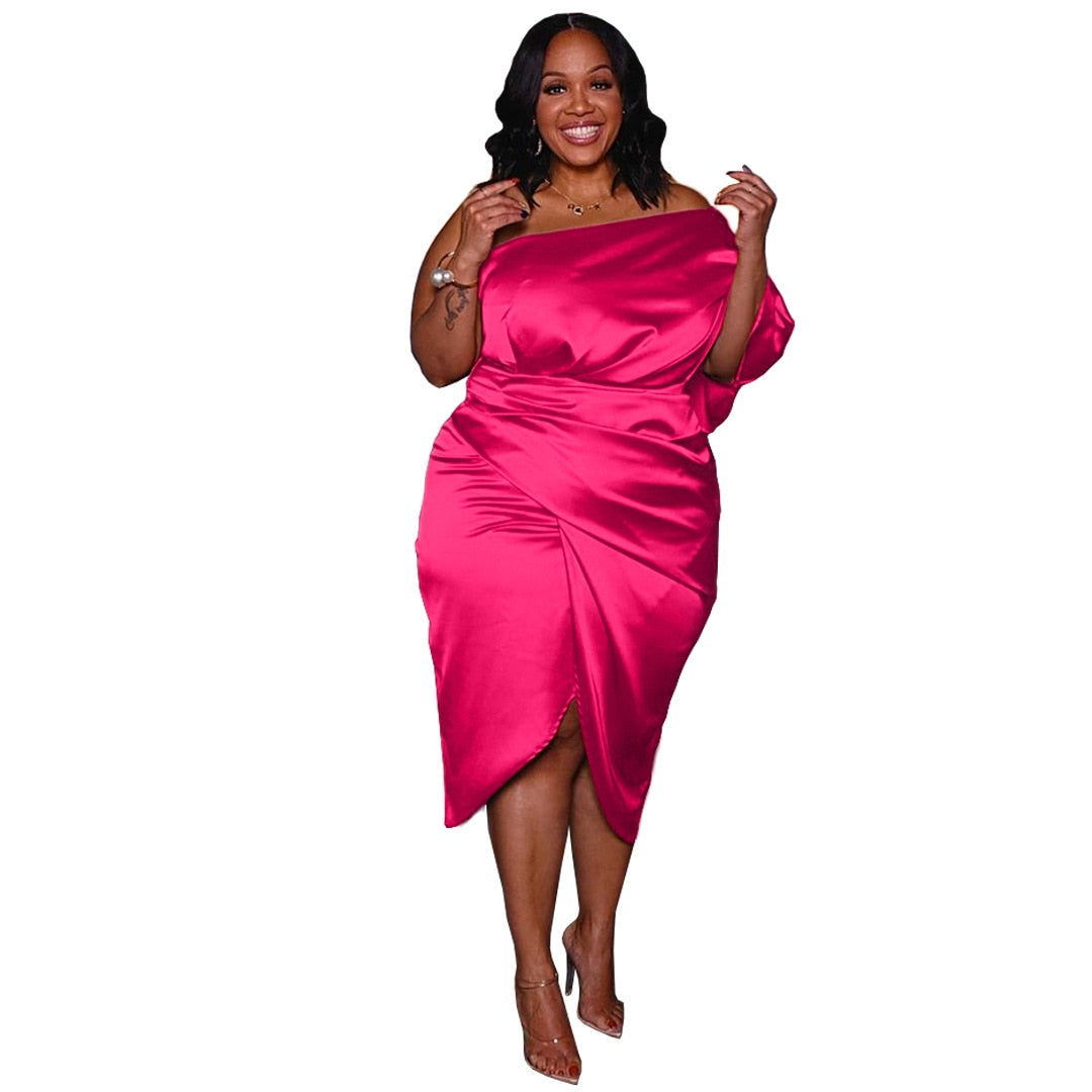 Adogirl Satin Pleated Irregular Knee-length Dress One Shoulder Elegant Zipper Robes