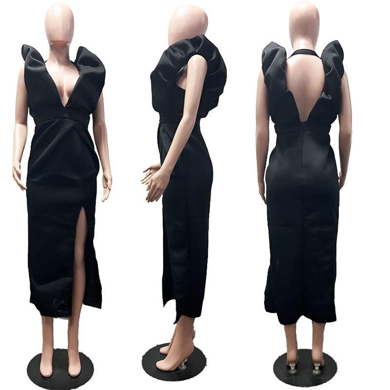 Elegant Ruffles Shoulder Deep V Neck Backless Evening Prom Long Dress