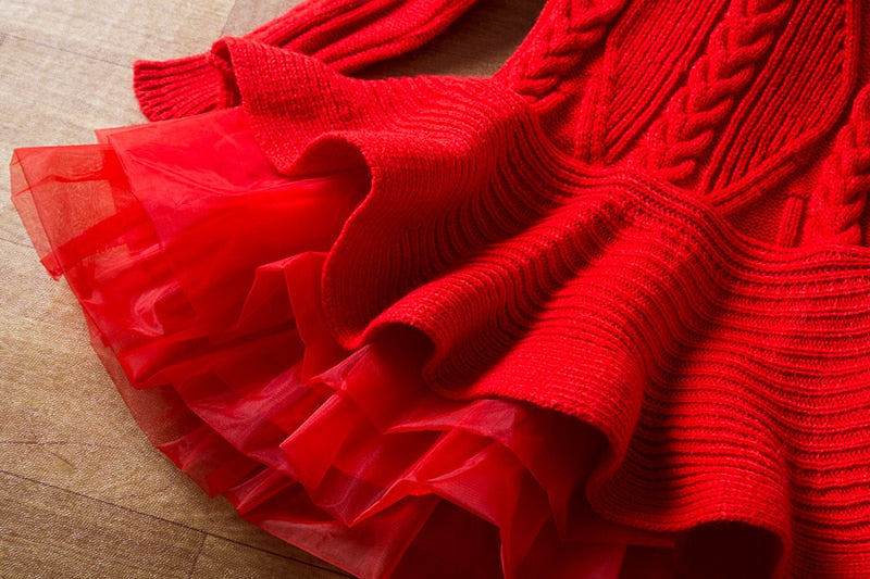 Girls Long Sleeve Knitting Dresses Autumn/Winter Warm Birthday Party Ruffle Princess Costume Kids Red Christmas Disfraz Vestido