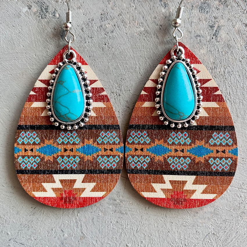 Aztec Pattern Wood Turquoise Teardrop Earrings for Women 2022 New Western Inspired Earrings Boho Jewelry Wholesale