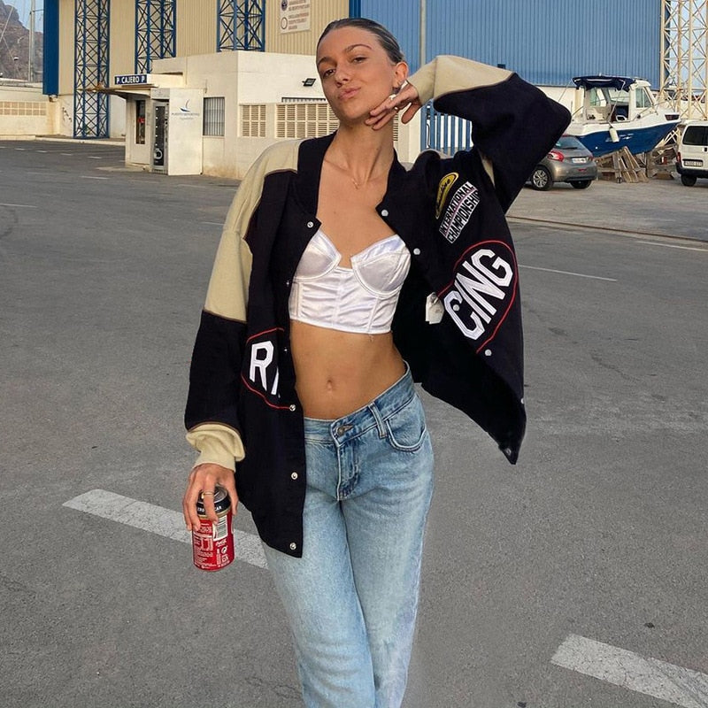 Varsity Jackets Fashion Oversized Long Sleeve Bomber Loose Black Baseball Vintage Y2K Coat