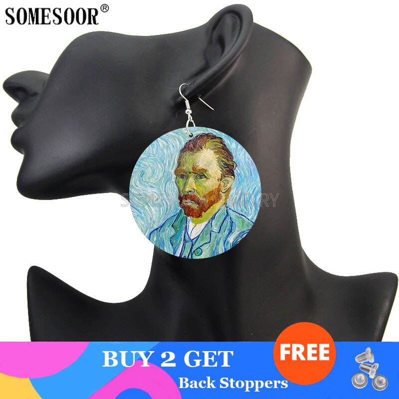 SOMESOOR Genius Painter Van Gogh Arts Portrait Wooden Drop Earrings Starry Night Sunflower Painting Women Dangle Jewelry Gift