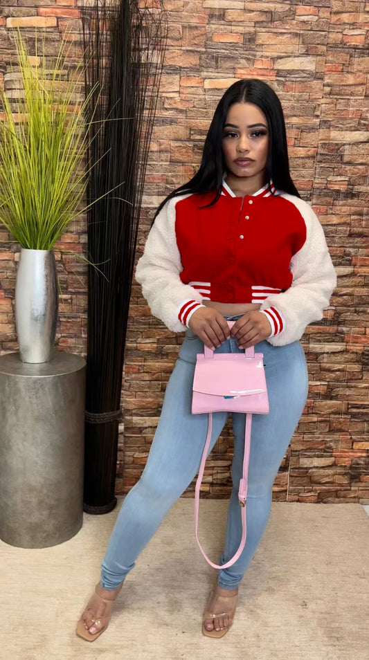 Vintage Women Fleece Long Sleeve Single Breasted Patchwork Sweatshirt Baseball Jacket Outwear