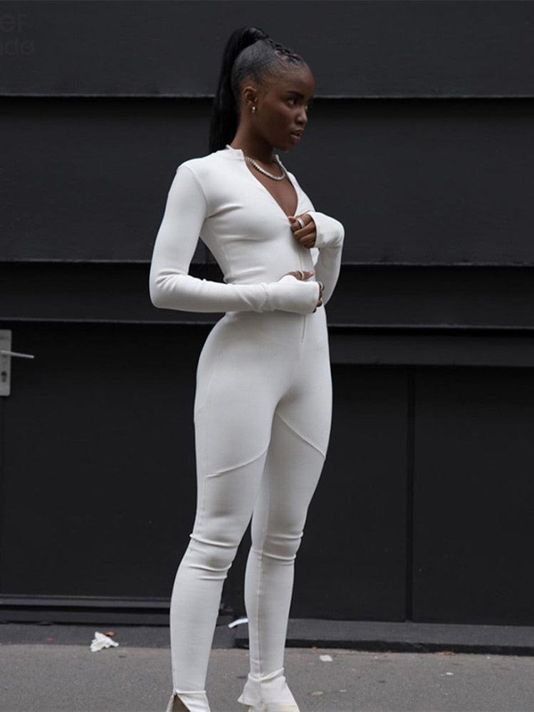 Sisterlinda White Rompers Womens Jumpsuits Elegant Long Sleeve Overalls Night Party Zipper Playsuits Slim Outifts Streetwear2022