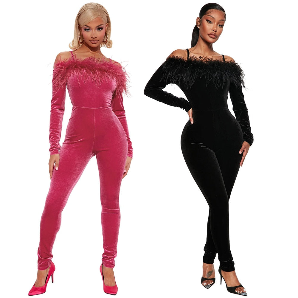 New velvet Sexy Slim Tube Top Feather One Piece Jumpsuit Off Shoulder Bodysuit