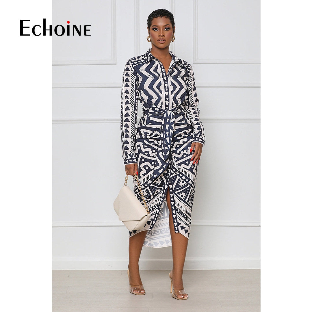 Echoine Women Vintage Geometric Striped Bowknot Dress High Waist Laple Collar Bodycon Midi Shirt Style Smock Dresses Vestido
