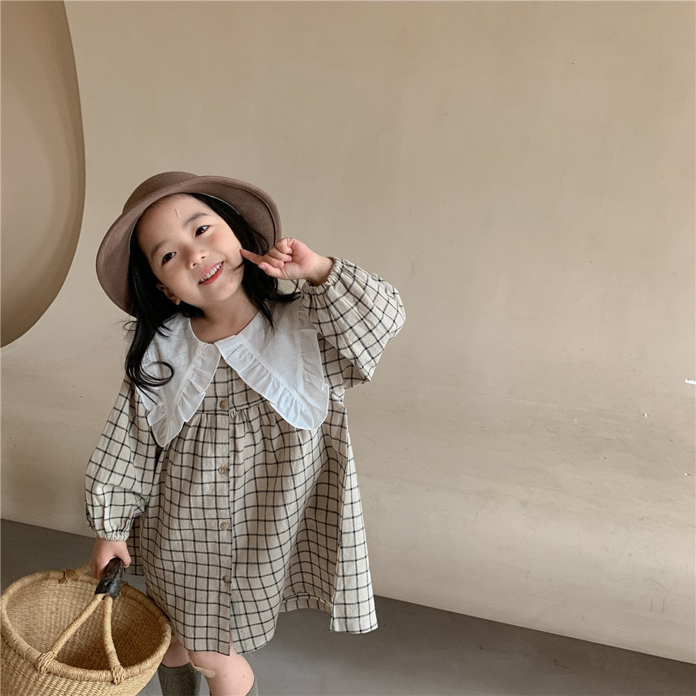 Baby Girls Dress Casual Plaid Clothes Summer  New Korean Cotton Linen Girls Princess Dress Big Turn Down Collar Dress