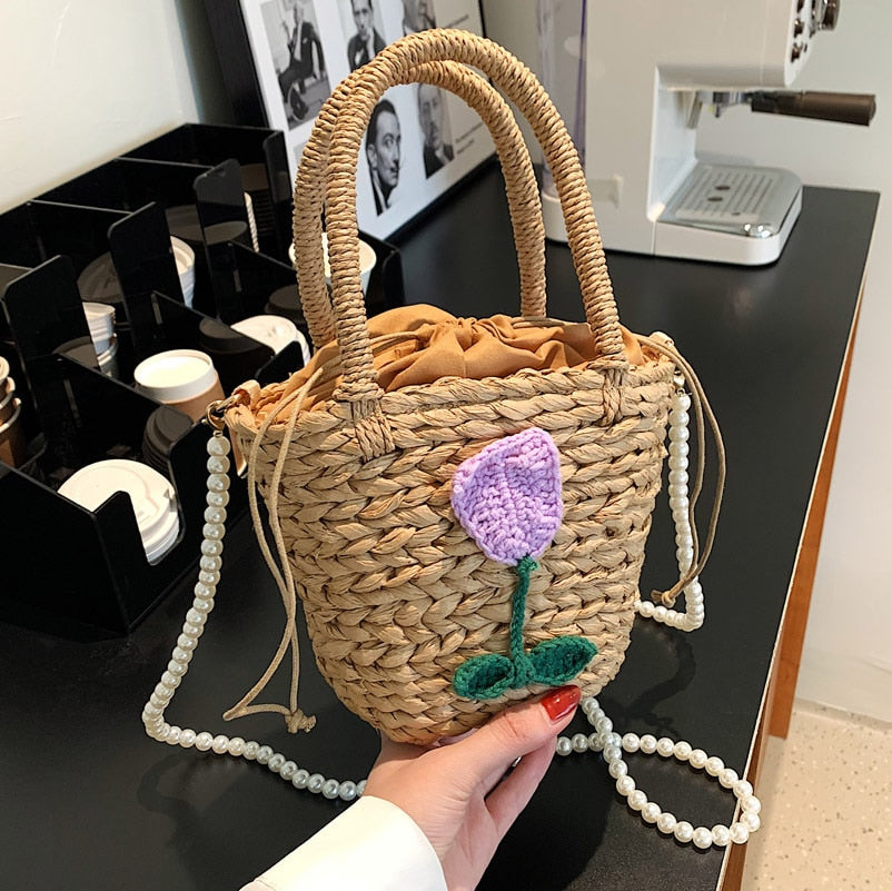 Handmade Woven Straw Bucket Bag Women Designer Handbags Bohemian Rattan Beach Bags Ins Chic Crossbody Shoulder Bag Shopper Tote