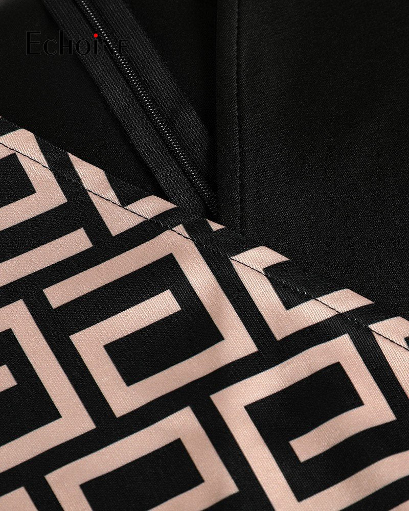 Patchwork Zipp Retro Full Sleeve High Waist Midi Dress