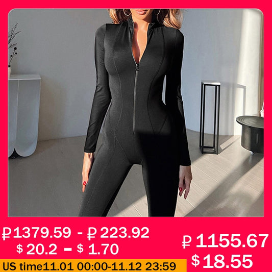 Knitted Zip Up Long Sleeve Women Jumpsuits Elegant Pure Color Bodycon Rompers Bright Line Patchwork Workout Loungewear Jumpsuit