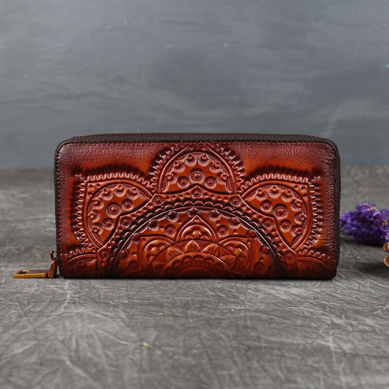 Long Bags Women Clutch Leather Embossed Zippered Purse Vintage Ethnic Style Purse