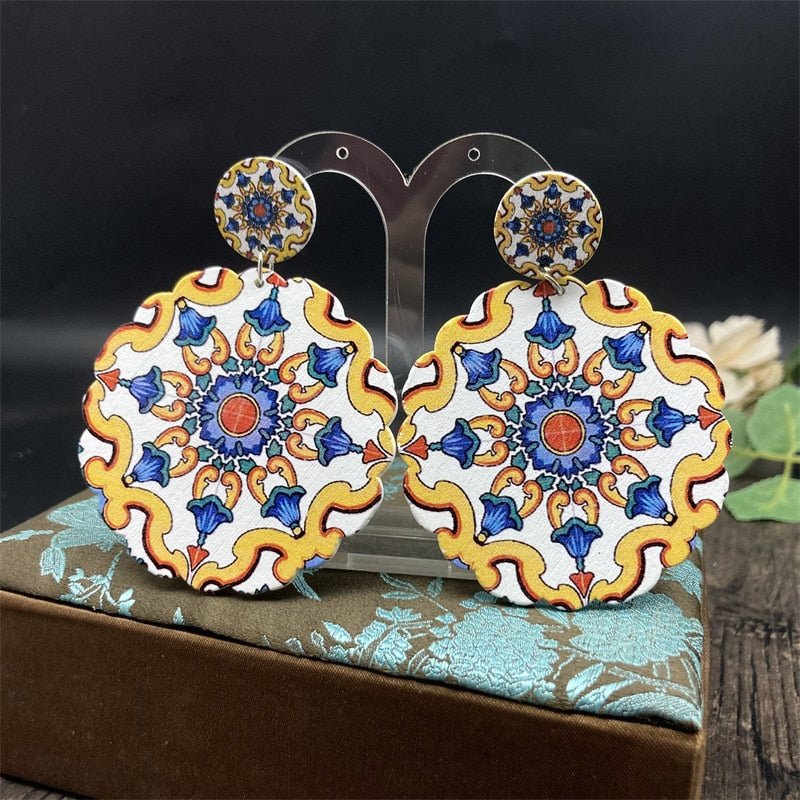 Bohemian Ethnic Church Ceramic Pattern Statement Earrings Vintage Wooden Big Round Water Drop Earrings For Women Jewelry Gift