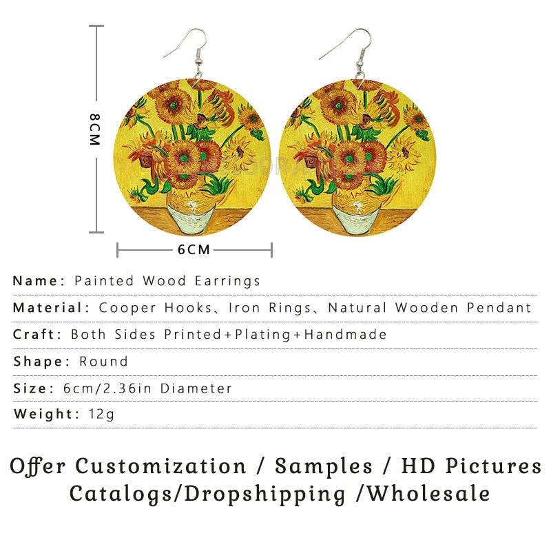SOMESOOR Genius Painter Van Gogh Arts Portrait Wooden Drop Earrings Starry Night Sunflower Painting Women Dangle Jewelry Gift