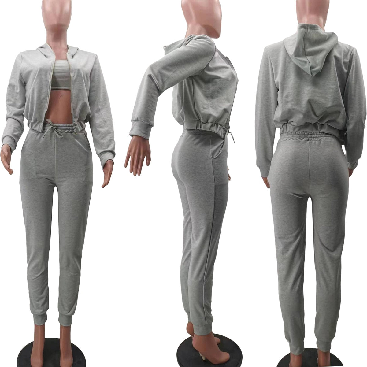 3 Pieces Set Women Casual Hoodies Sweatshirt Sexy Crop Tops and High Waist Pants Long Sleeve