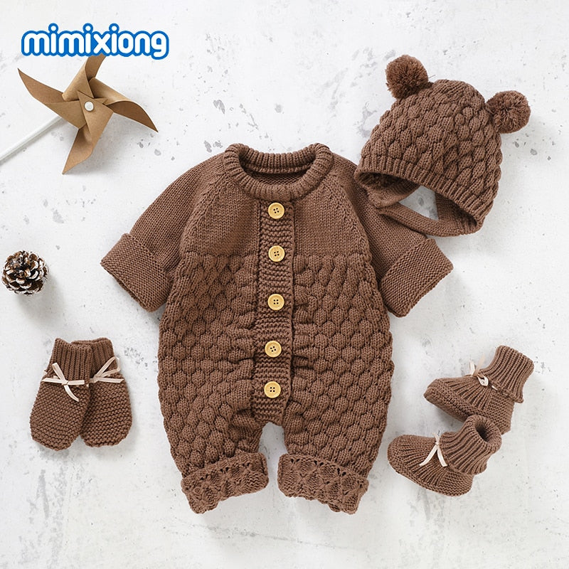 Baby Rompers Caps Clothes Sets Newborn Girl Boy Knitted Jumpsuits Outfits Autumn Winter Long Sleeve Toddler Infant Overalls 2pcs