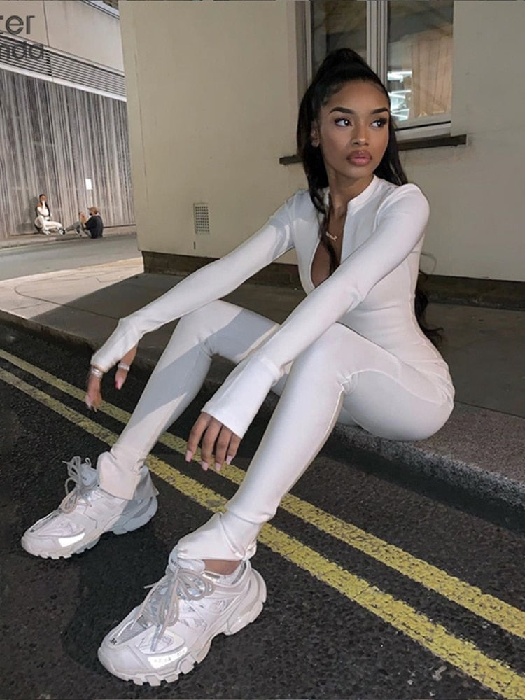 Sisterlinda White Rompers Womens Jumpsuits Elegant Long Sleeve Overalls Night Party Zipper Playsuits Slim Outifts Streetwear2022