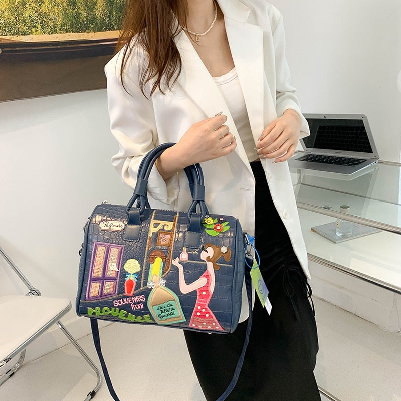 Crocodile Pattern Leather Crossbody Bags Luxury Designer Handbags Fashion Cartoon Embroidered Casual Totes