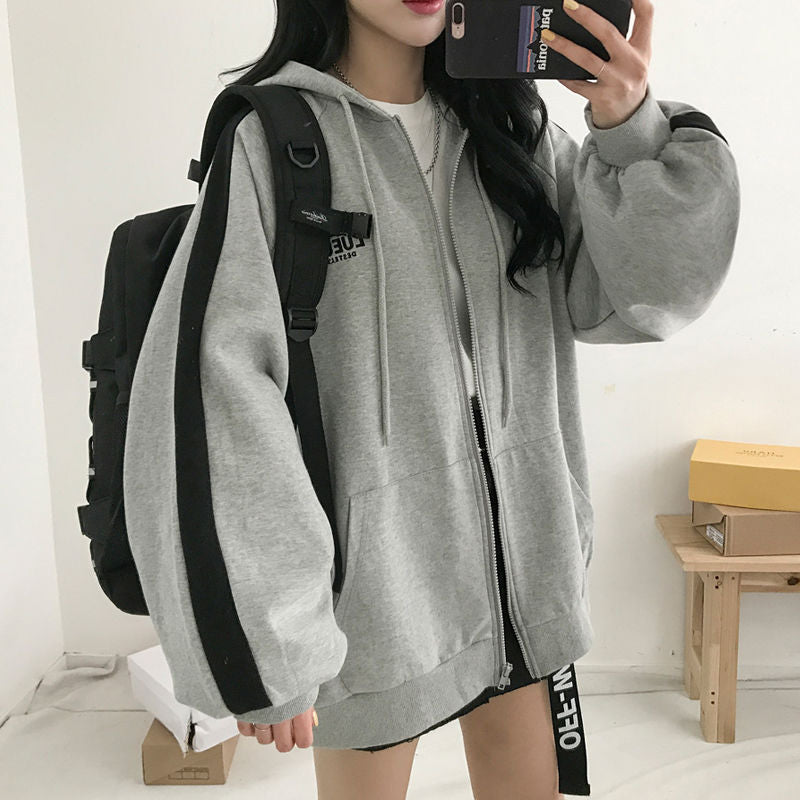Oversize Women Hoodies Casual Solid Zip Up Hooded Sweatshirt