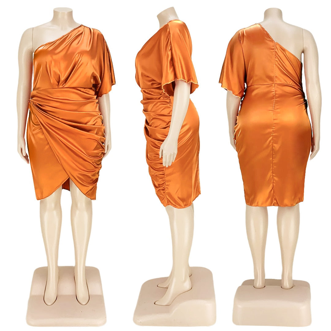 Adogirl Satin Pleated Irregular Knee-length Dress One Shoulder Elegant Zipper Robes