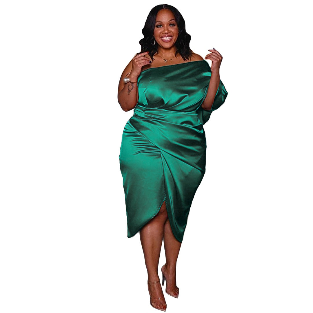 Adogirl Satin Pleated Irregular Knee-length Dress One Shoulder Elegant Zipper Robes