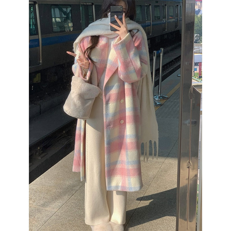 2022 Winter Rainbow Woollen Overcoat Women Casual Plaid Long Coats Office Lady Y2k Clothing Korean Fashion Trench Coats Jacket