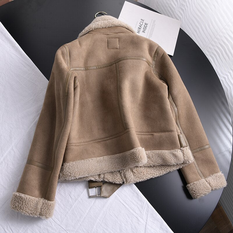 Winter Women Thick Warm Suede Lamb Jacket Short Motorcycle Brown Coats Faux Shearling Sheepskin Leather Jackets Outwear