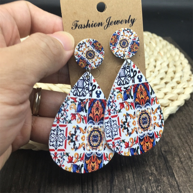 Bohemian Ethnic Church Ceramic Pattern Statement Earrings Vintage Wooden Big Round Water Drop Earrings For Women Jewelry Gift