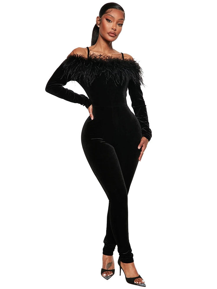 New velvet Sexy Slim Tube Top Feather One Piece Jumpsuit Off Shoulder Bodysuit