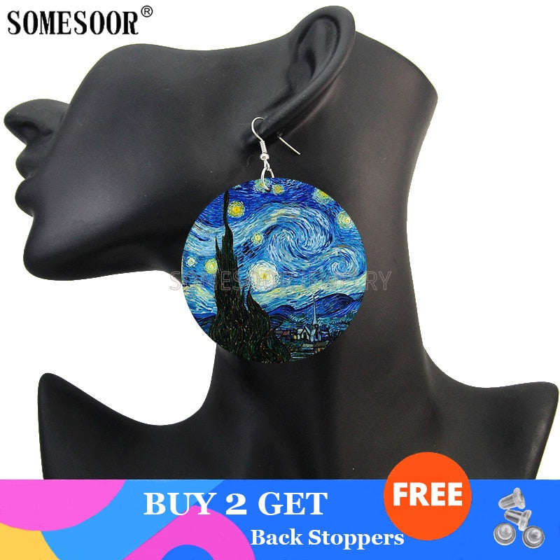 SOMESOOR Genius Painter Van Gogh Arts Portrait Wooden Drop Earrings Starry Night Sunflower Painting Women Dangle Jewelry Gift