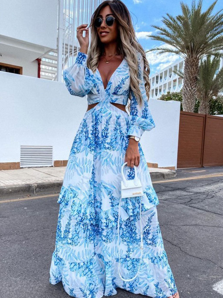 Women Tunic Beach Cover Up Sexy V-Neck Backless Hollow Out Lantern Sleeve Maxi Dress Female Club Party Long Dresses