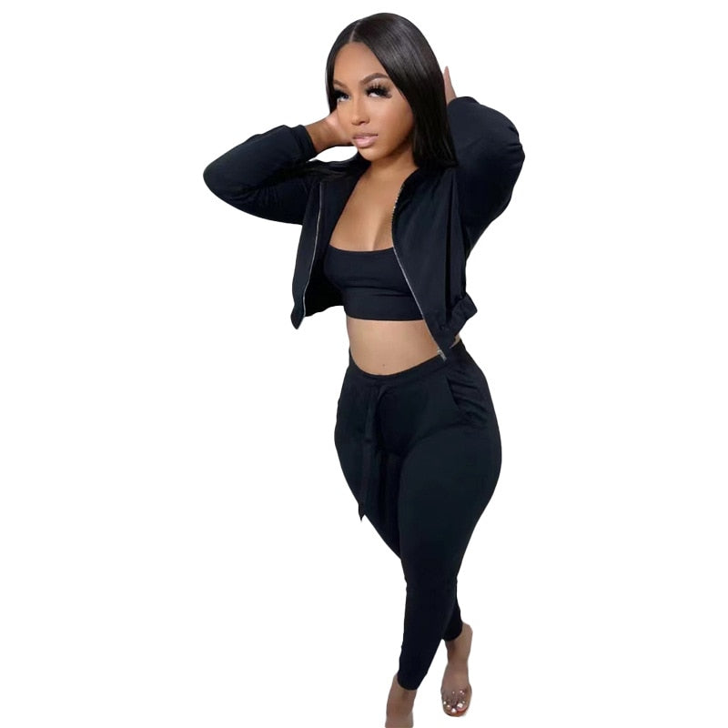 3 Pieces Set Women Casual Hoodies Sweatshirt Sexy Crop Tops and High Waist Pants Long Sleeve