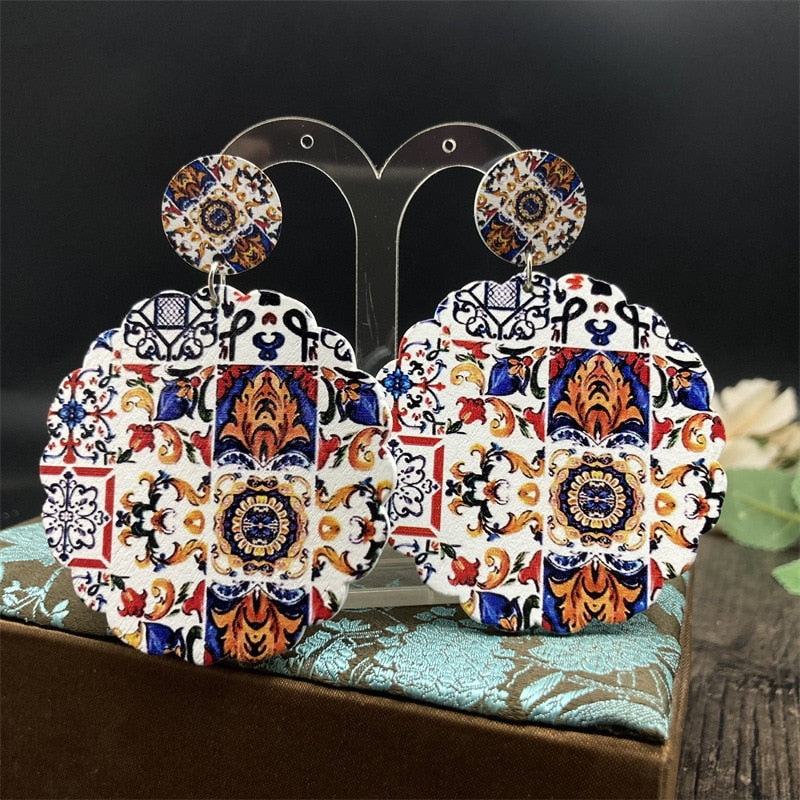 Bohemian Ethnic Church Ceramic Pattern Statement Earrings Vintage Wooden Big Round Water Drop Earrings For Women Jewelry Gift