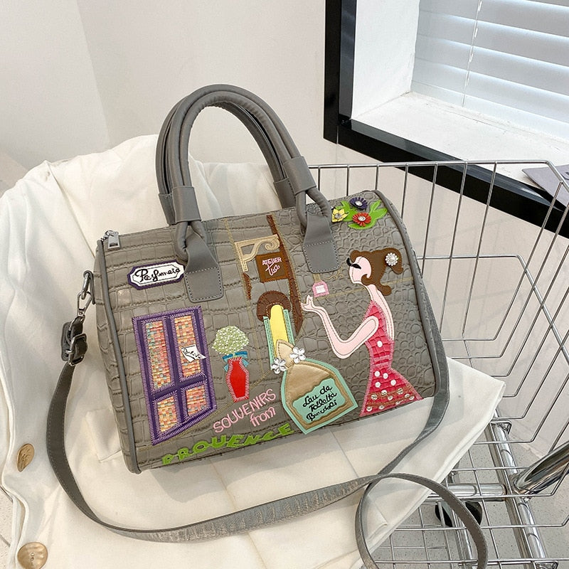 Crocodile Pattern Leather Crossbody Bags Luxury Designer Handbags Fashion Cartoon Embroidered Casual Totes