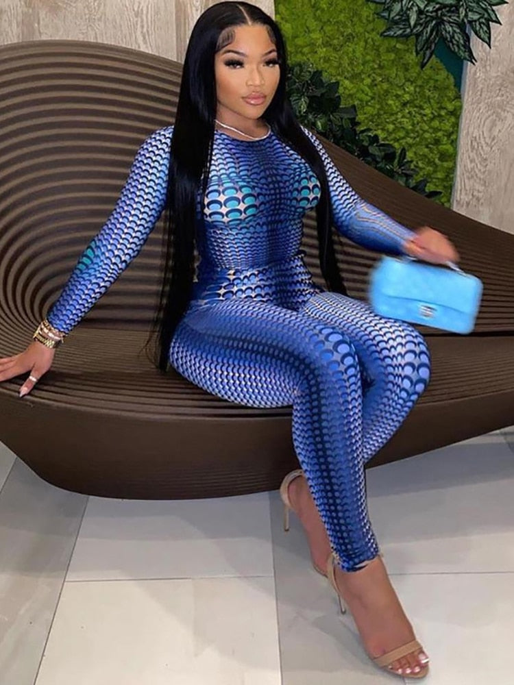 Simenual Workout Printing Bodycon Long Sleeve Rompers Womens Jumpsuit Streetwear Blue Autumn Fashion One Piece Outfit Sportswear